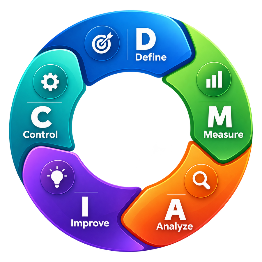 Lean Six Sigma DMAIC cycle: Define, Measure, Analyze, Improve, Control