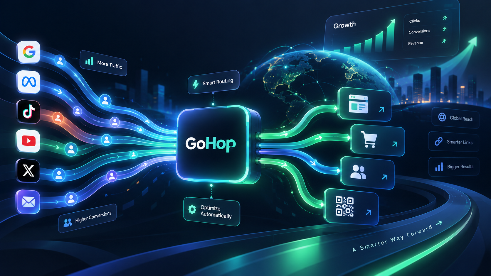 Animated GoHop routing illustration showing traffic streams entering GoHop and being routed to links, QR codes, ecommerce, and analytics destinations.